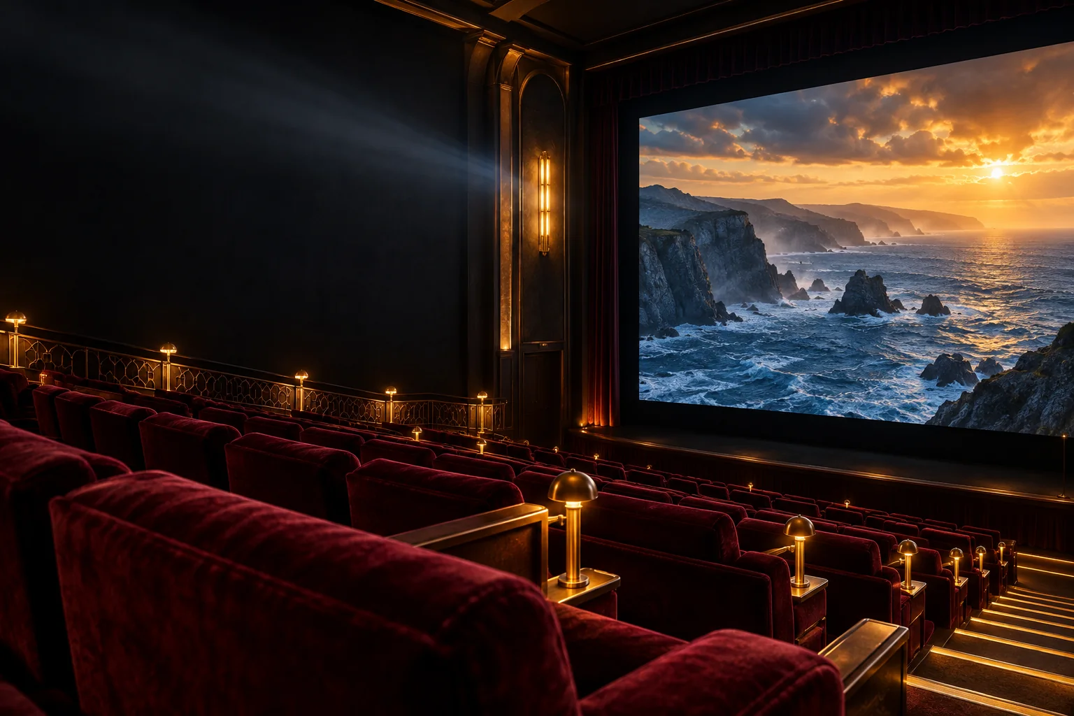 Sala de cine con iluminación cálida y una pantalla panorámica