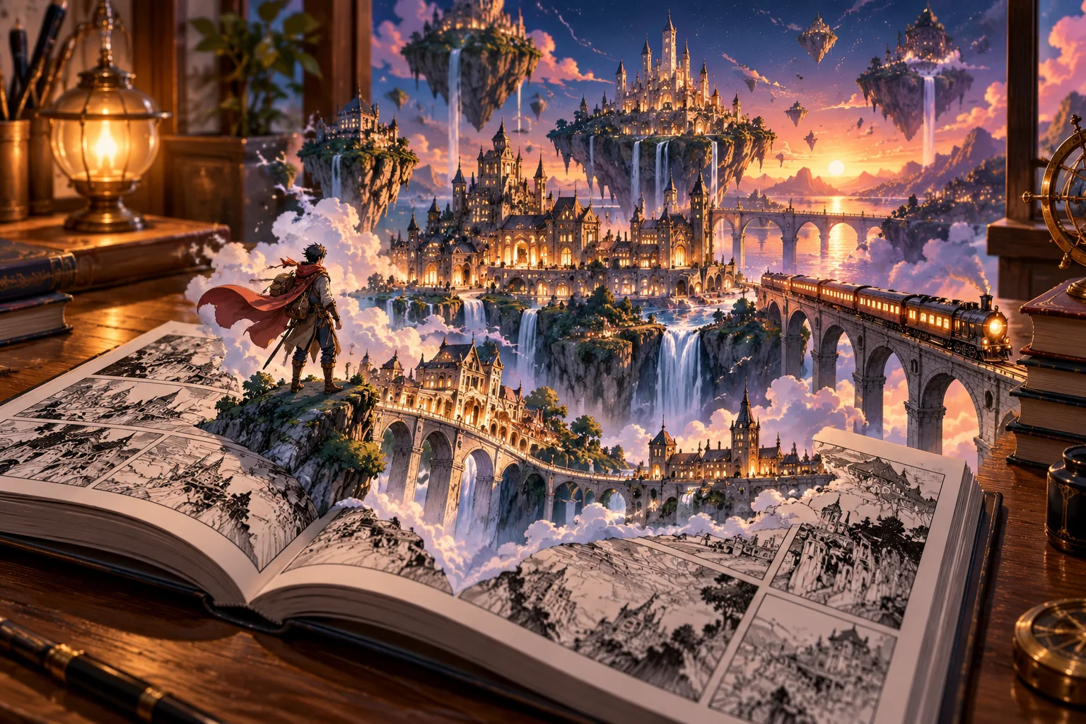Libro de manga abierto del que emerge una ciudad fantástica de animación con islas flotantes