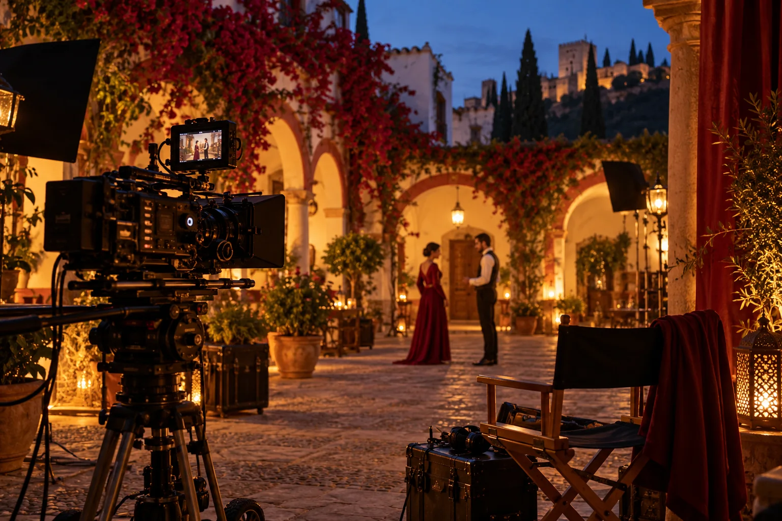 Escena de rodaje imaginaria en un patio andaluz con cámara de cine e iluminación cálida