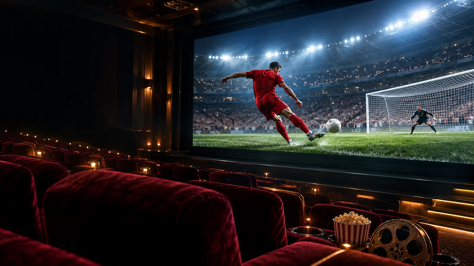 Sala de cine con butacas burdeos y una gran pantalla mostrando a un futbolista disparando a portería